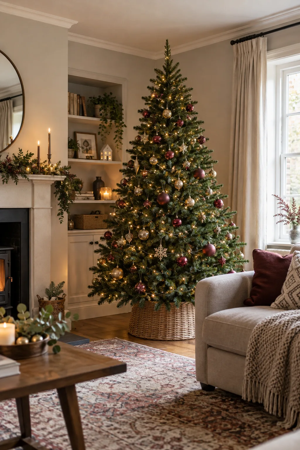 Decorated seven-foot artificial Christmas tree in a warm living room