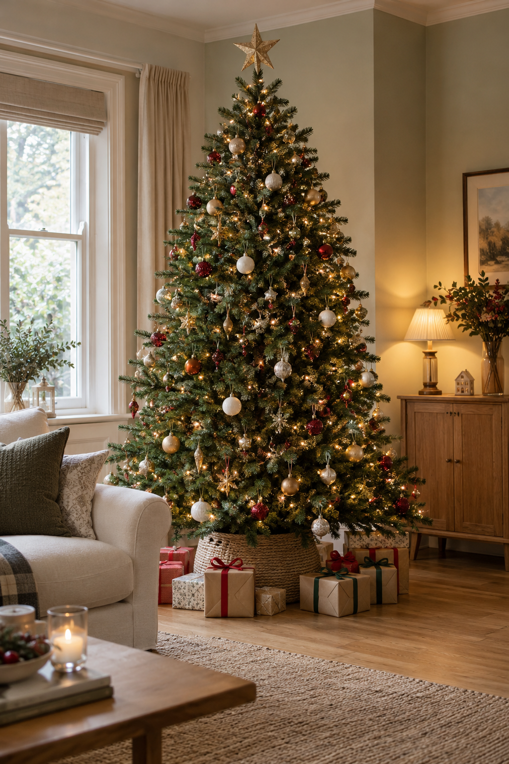 Decorated and warmly lit green artificial Christmas tree in a stylish living room
