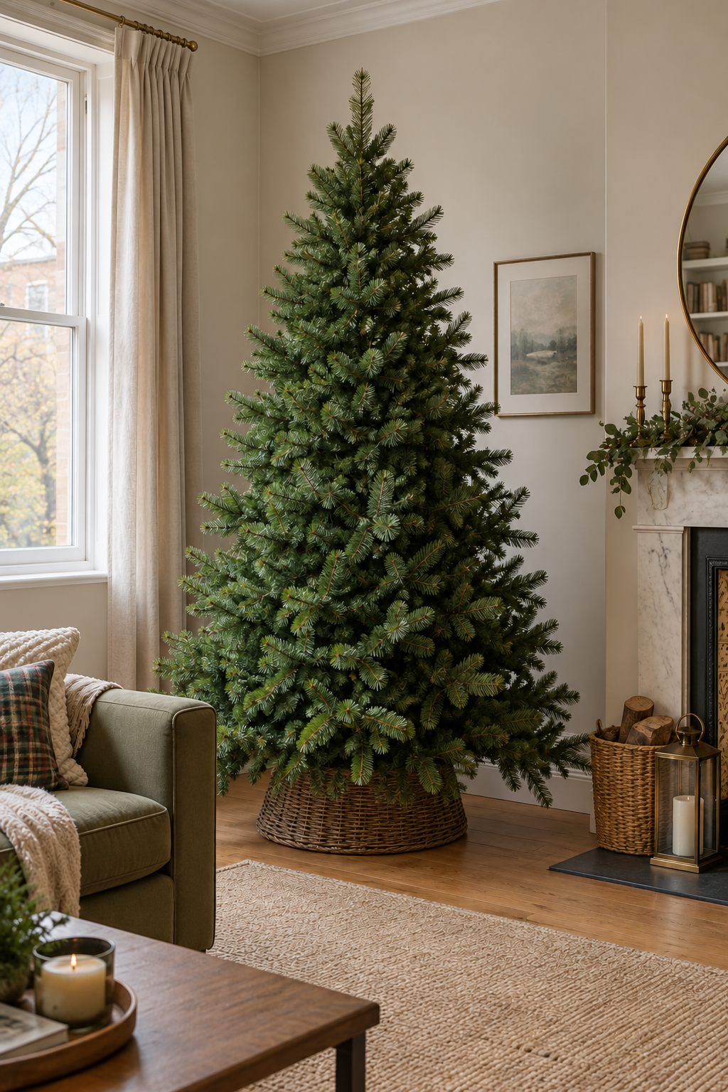 Illustrative artificial Christmas tree in a neutral living room