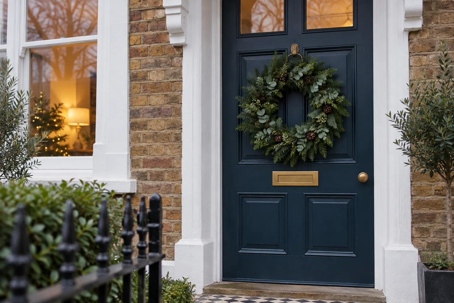 Illustrative unlit evergreen wreath on a navy front door of a British home