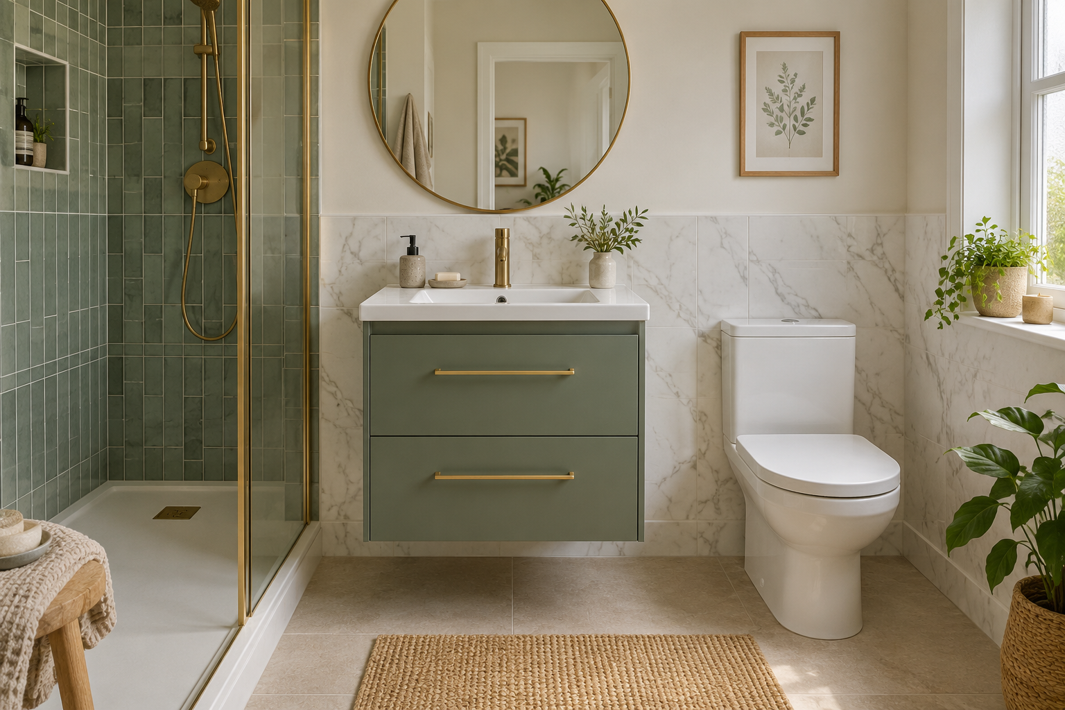 Green wall-hung vanity unit with ceramic basin in a compact marble and tile bathroom