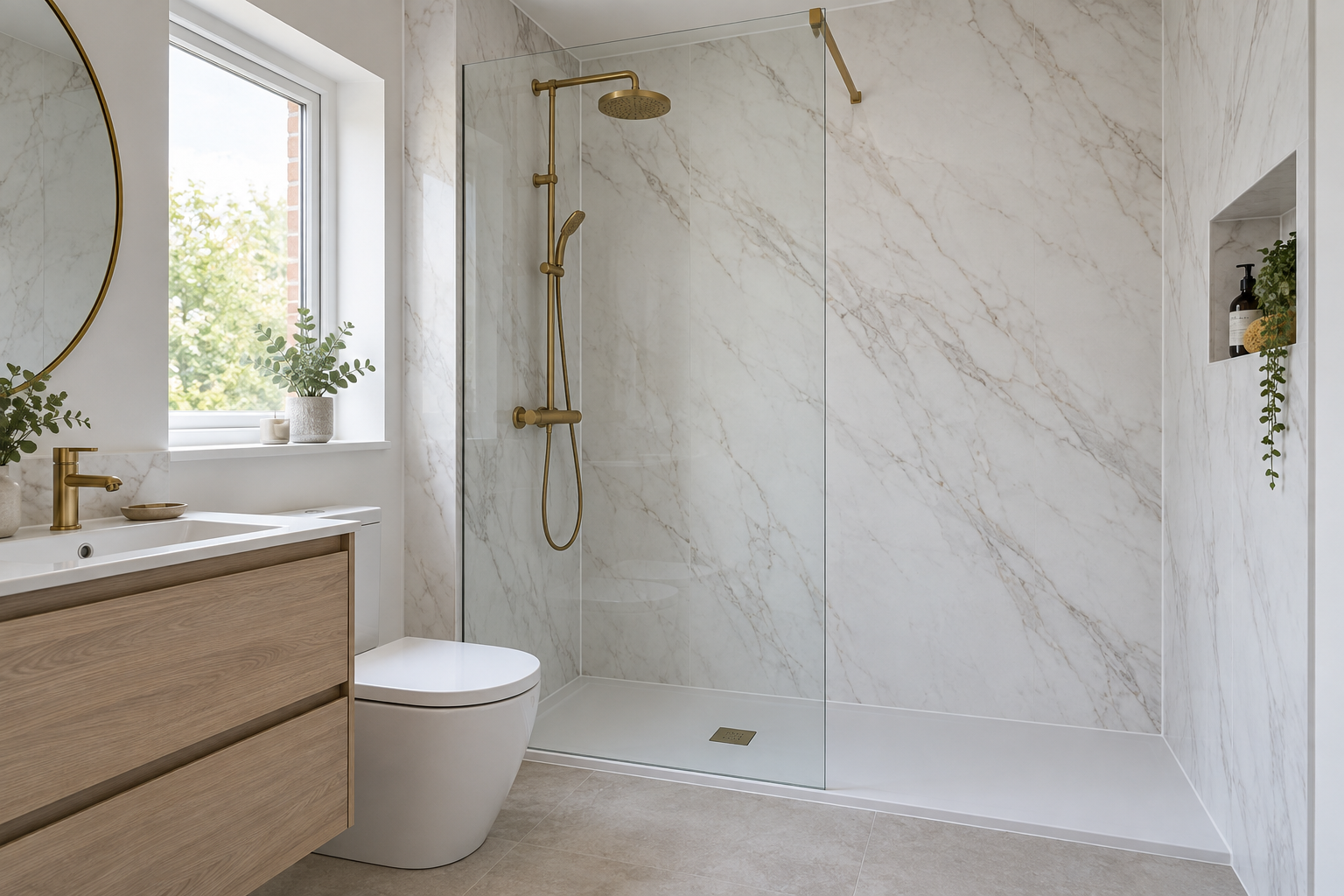 Walk-in shower lined with large white marble-effect waterproof wall panels