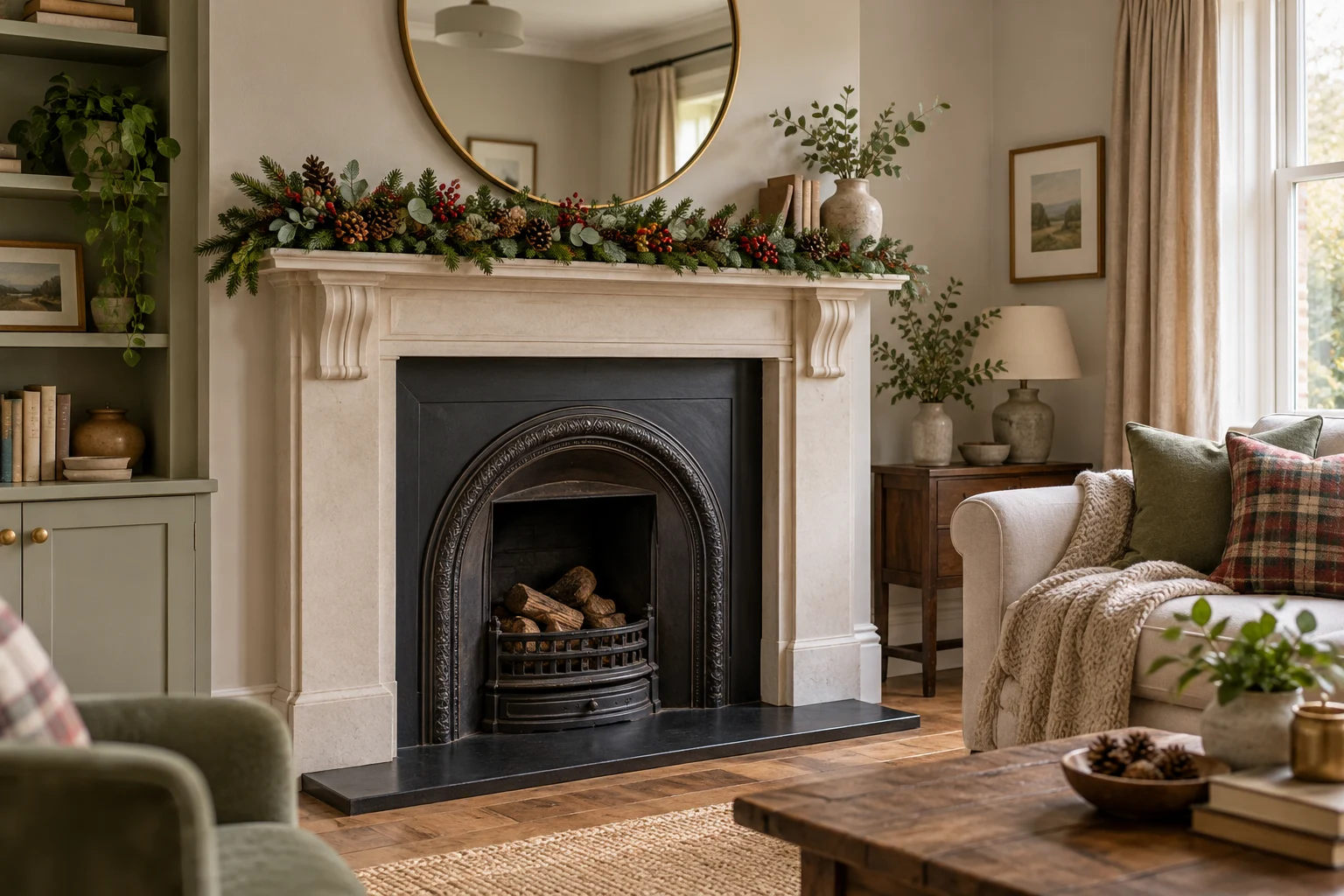 Illustrative unlit evergreen garland on a mantel over an unused cold fireplace