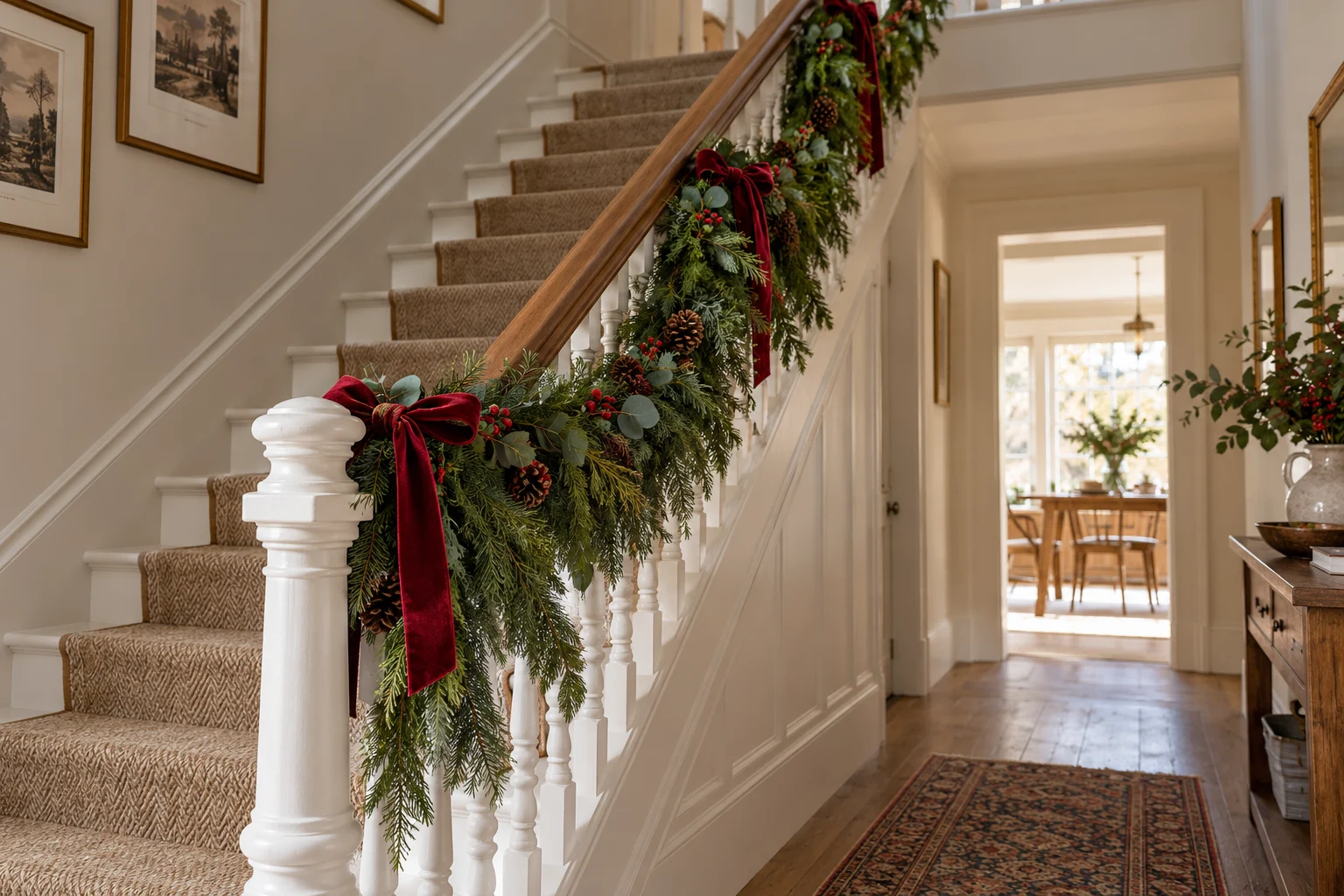 Illustrative unlit evergreen Christmas garland secured to a British staircase banister