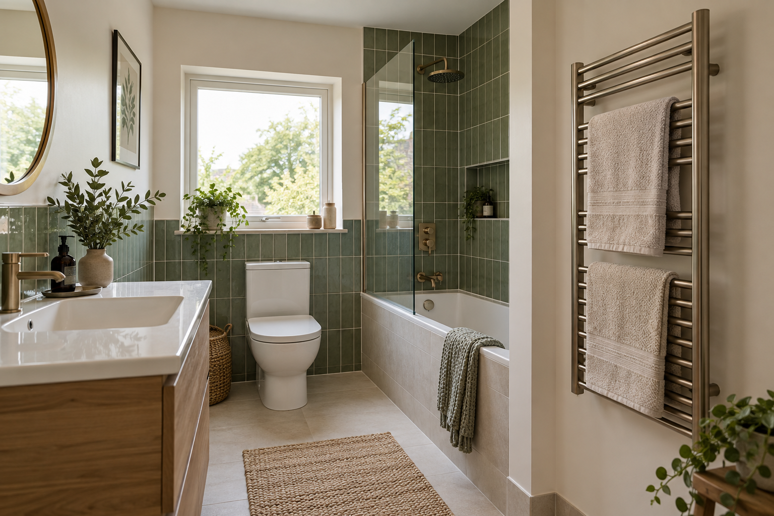 Brushed metal heated towel rail with neutral towels in a green tiled UK bathroom