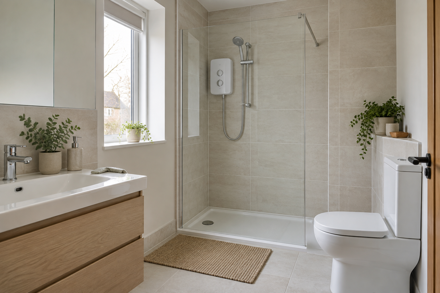 Modern white electric shower in a compact neutral UK bathroom