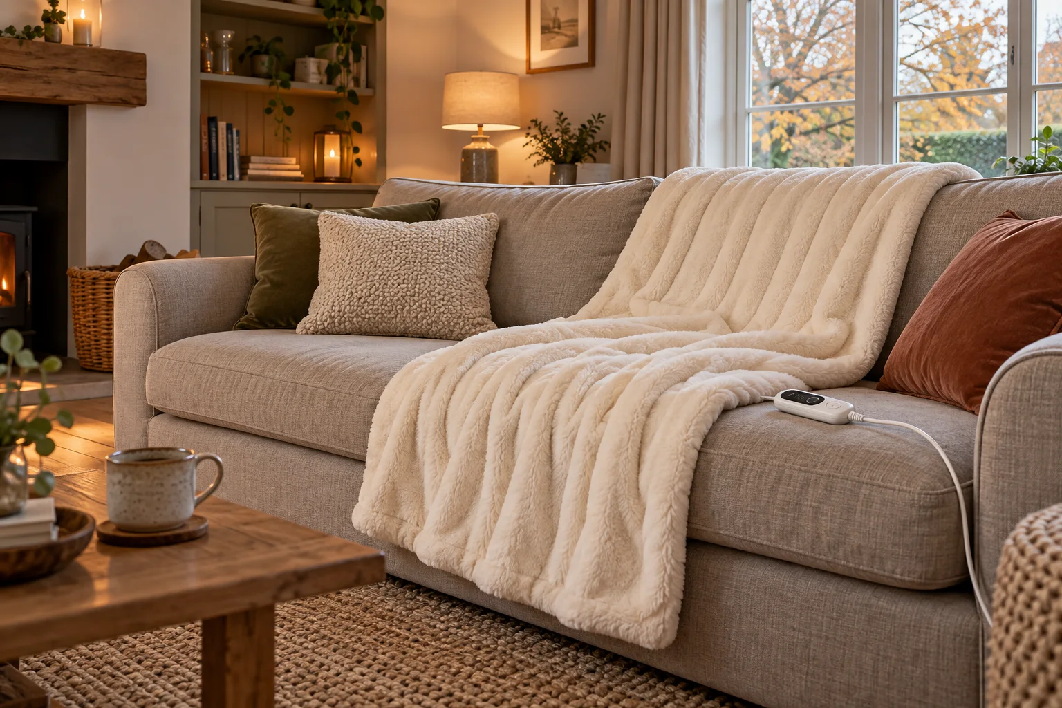 Cream heated throw draped across a wide living-room sofa