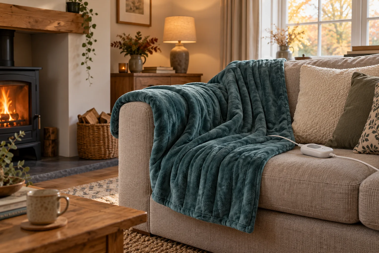Teal heated throw draped over a sofa in a warm living room