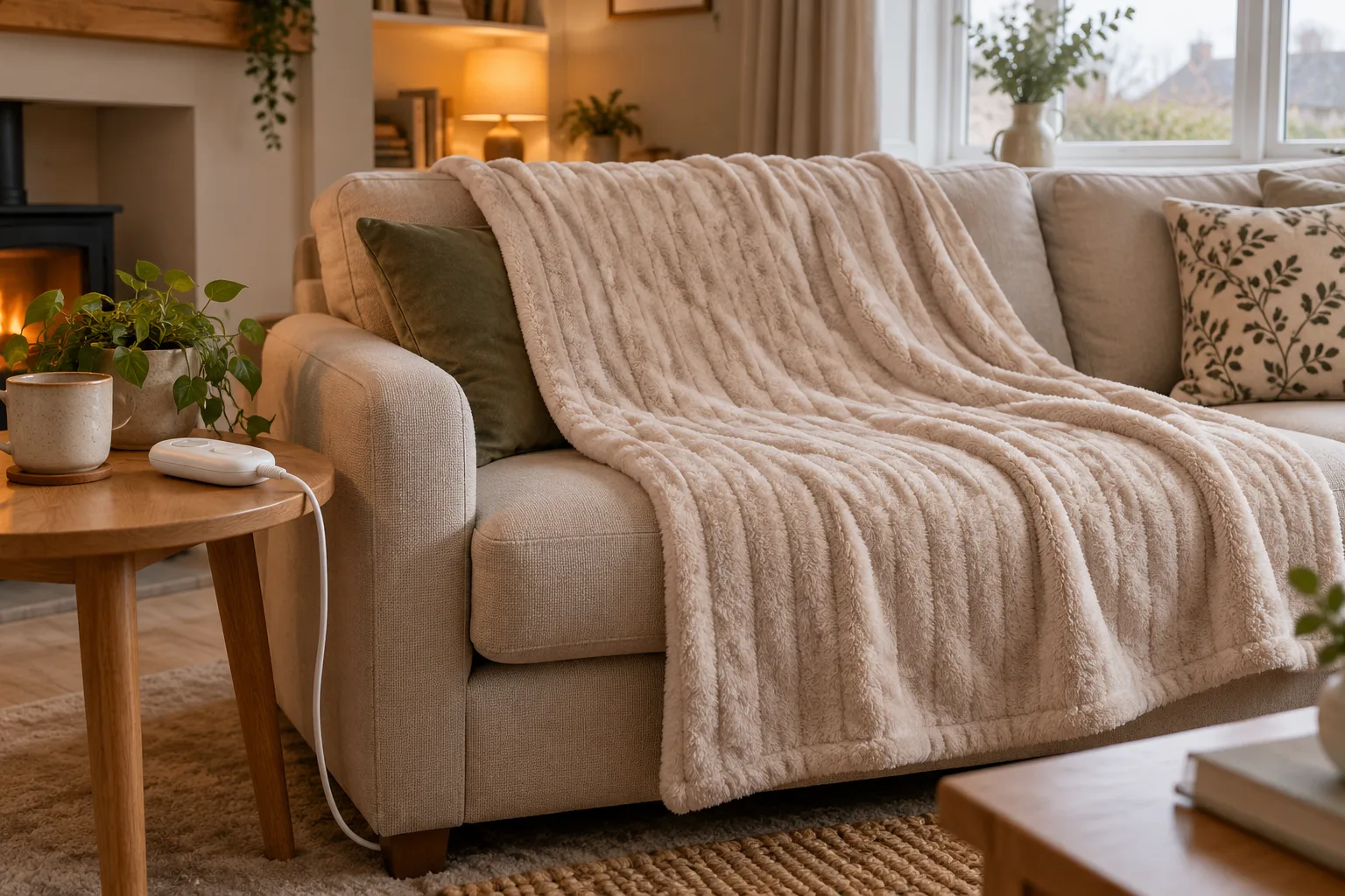 Oat-coloured heated throw on a sofa, with a controller on a nearby table