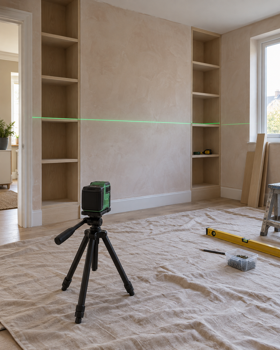 Green laser level on a tripod aligning fitted shelves during a UK home renovation