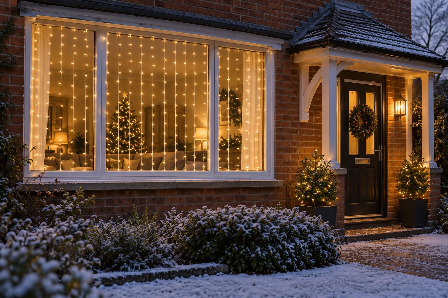 Warm-white curtain lights hanging across a broad window on a British house at dusk