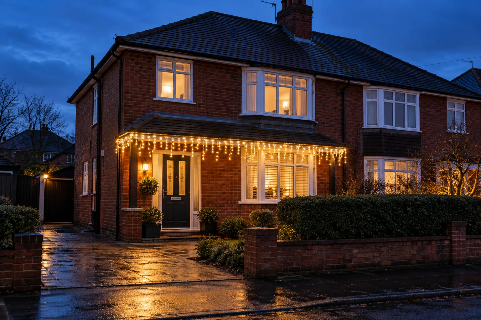 Outdoor Christmas lights on a British home or garden at dusk
