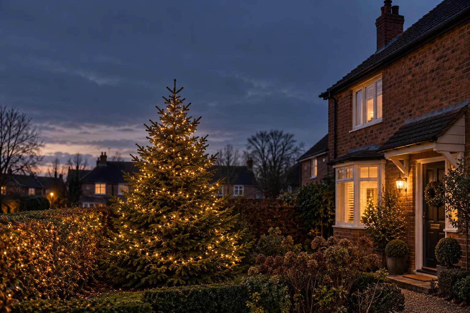 Outdoor tree and hedge with warm white Christmas lights in a British front garden