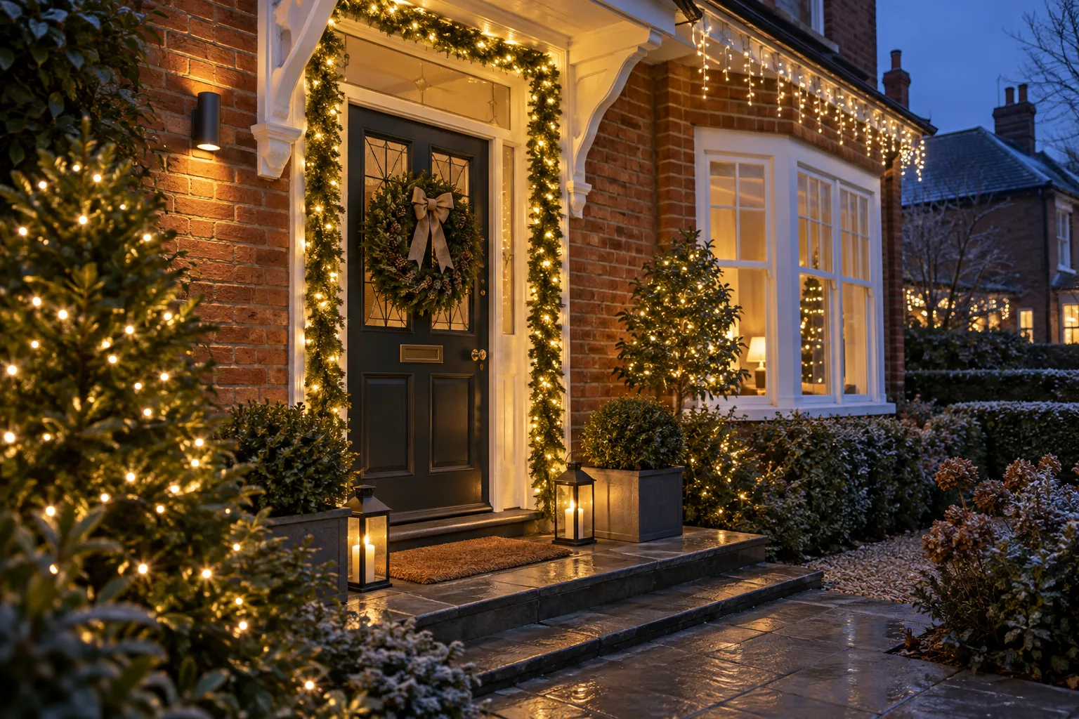 Warm white Christmas lights on a British brick house and garden at dusk