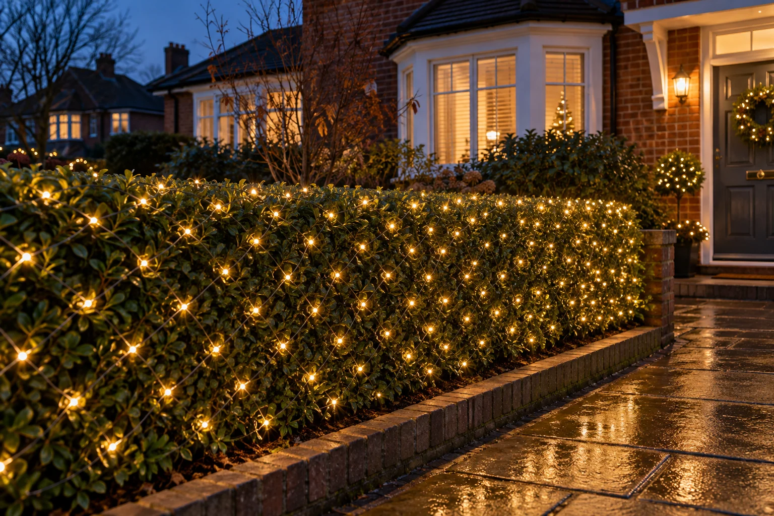 Outdoor Christmas lights on a British home or garden at dusk
