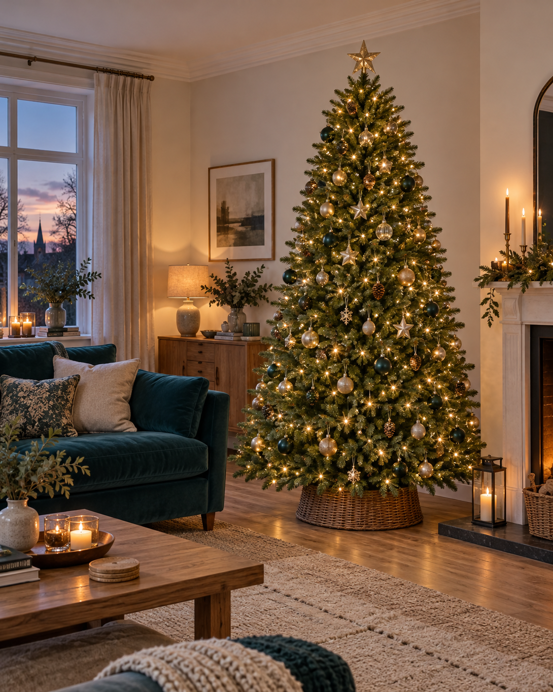Warmly lit artificial Christmas tree in an elegant living room