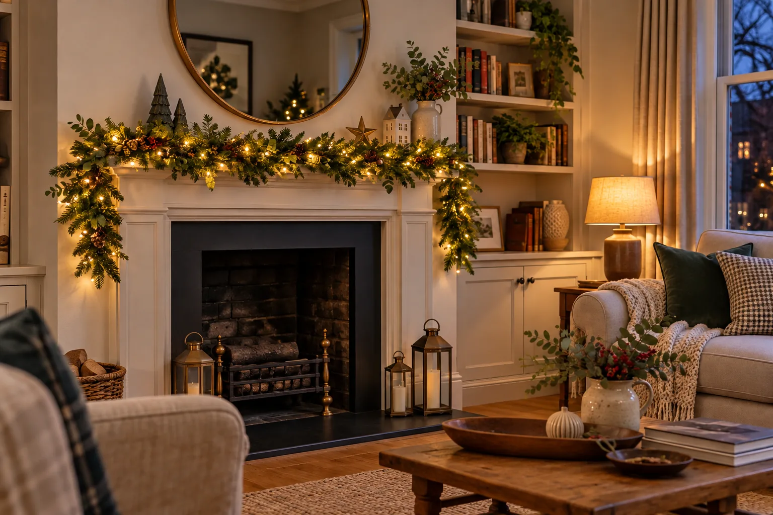 Illustrative warm-white pre-lit evergreen garland draped across an unlit mantelpiece