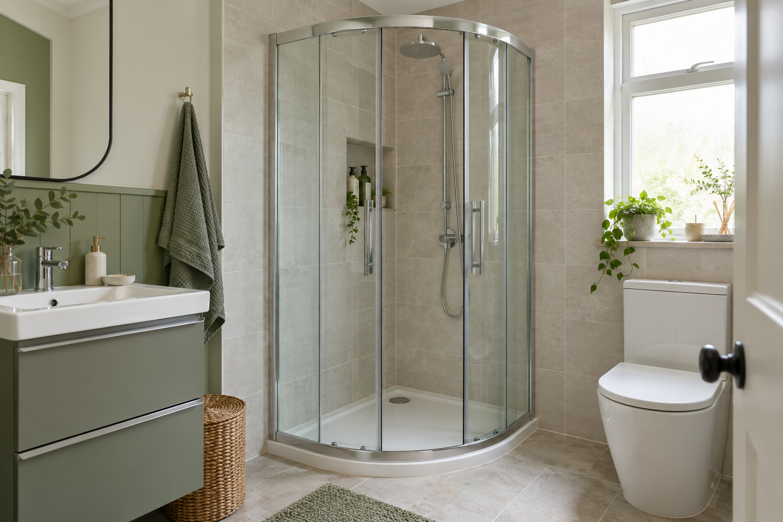 Curved quadrant shower enclosure with sliding doors in a compact green and neutral bathroom
