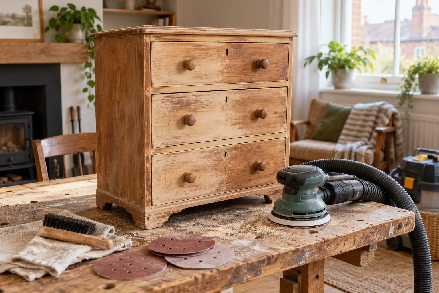 Wooden chest of drawers and unplugged round-pad sander on a workbench