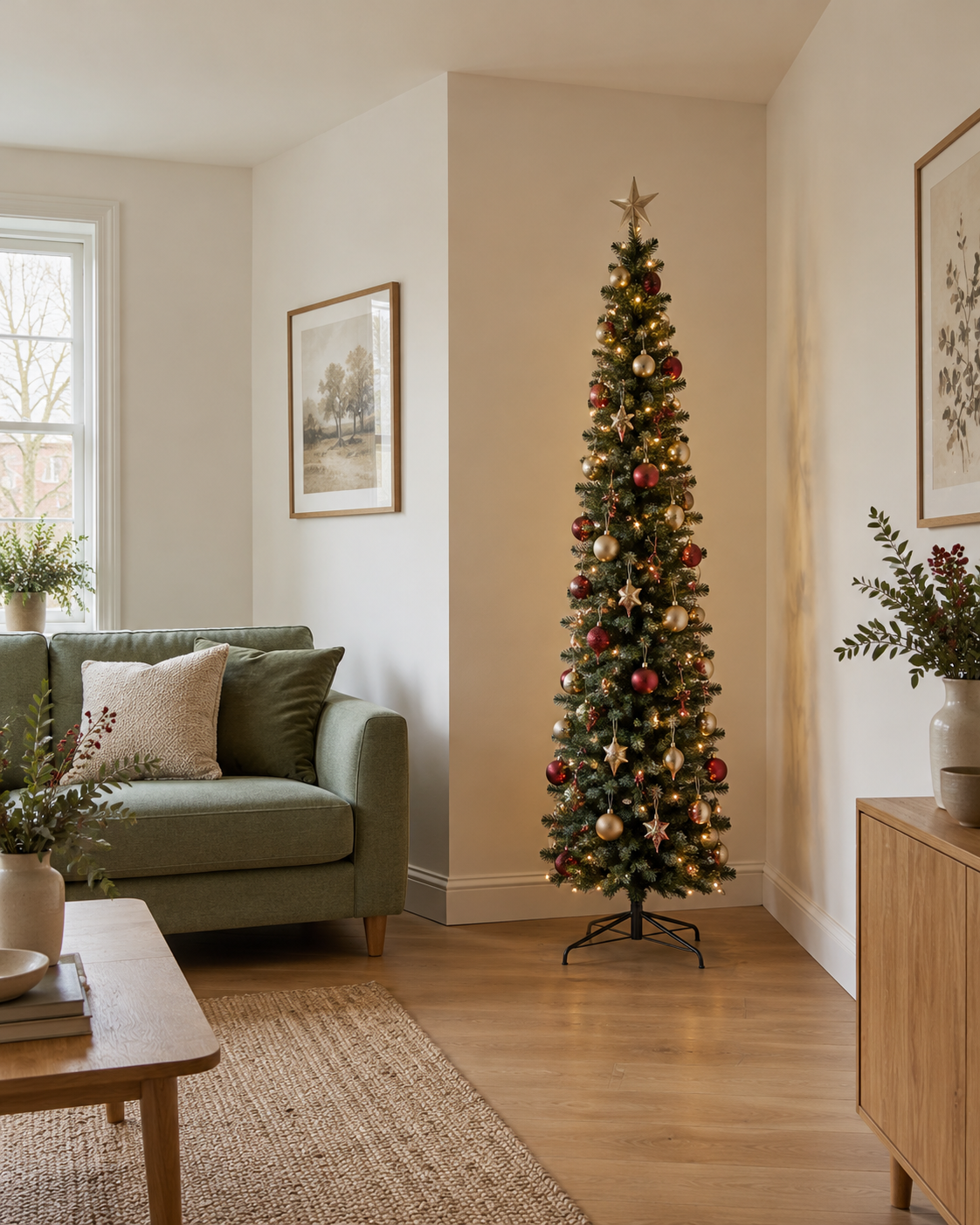 Slim decorated Christmas tree in a small living room