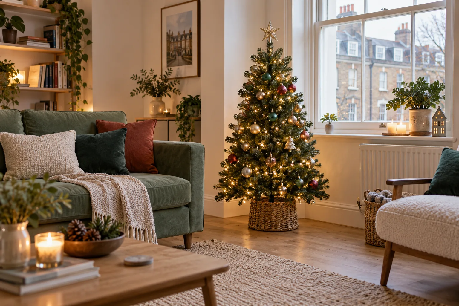 Small decorated Christmas tree in a compact British flat living room