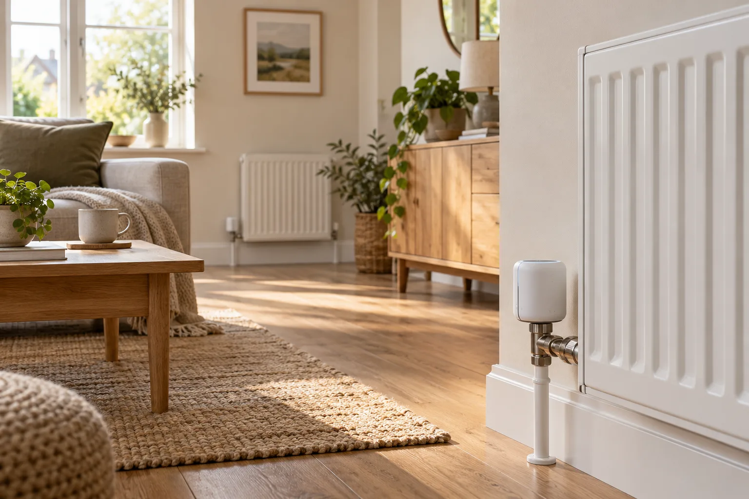 Illustrative smart radiator valve on a white radiator in a bright living room