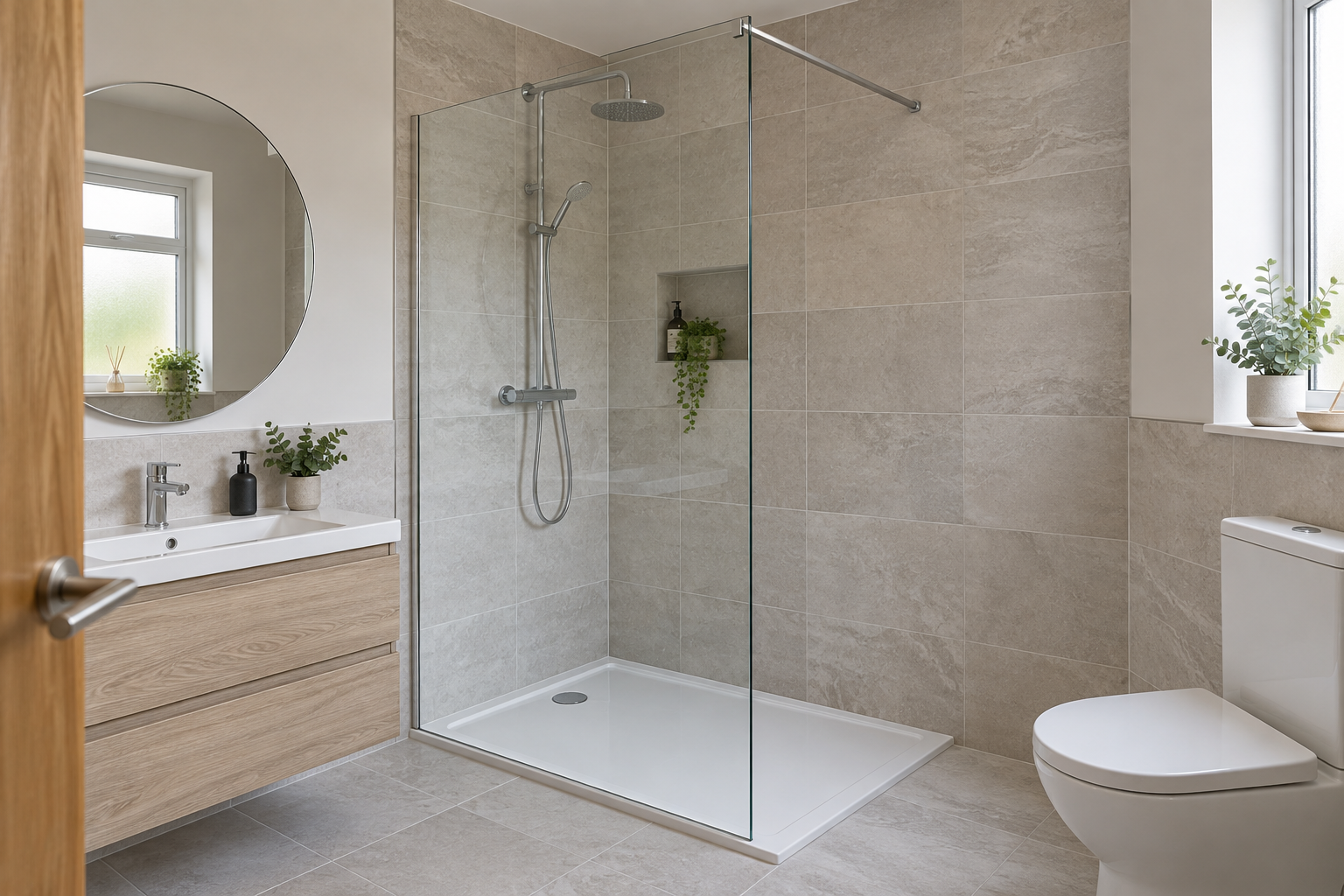 Frameless walk-in shower screen with chrome support bar in a neutral UK bathroom