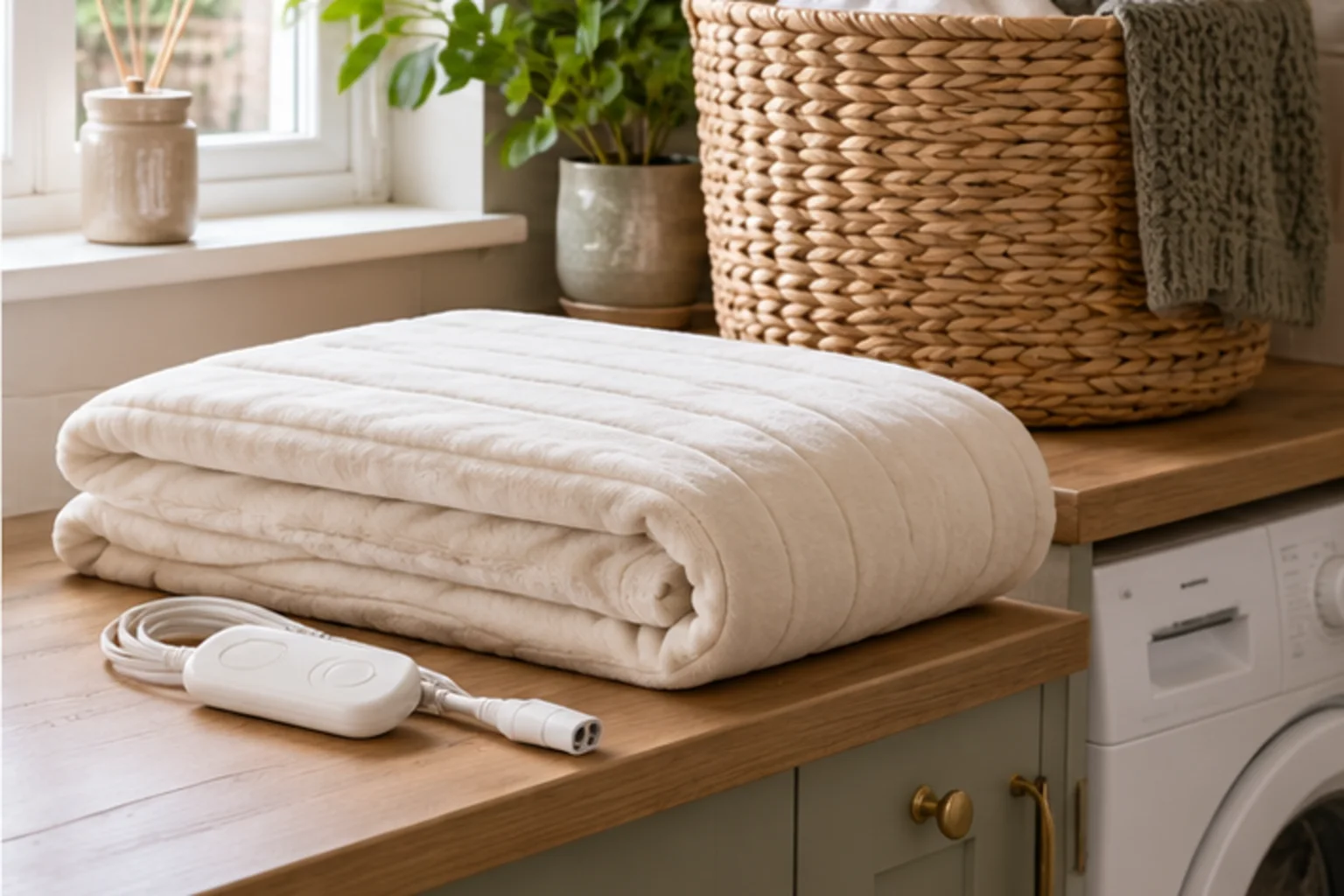 Folded cream heated throw beside its detached controller and a laundry basket