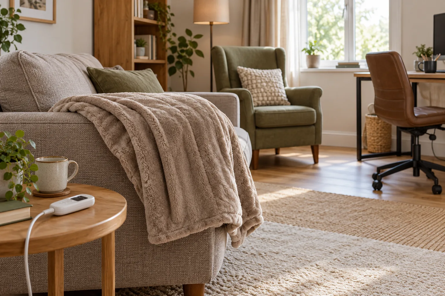 Cream heated throw resting on a sofa beside an armchair and home-office desk
