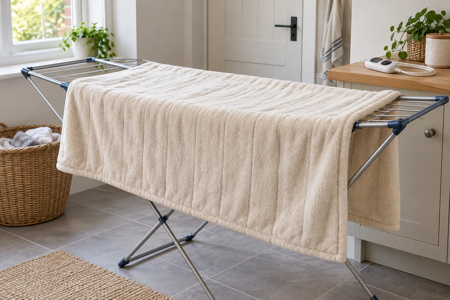 Cream heated throw spread across an indoor airer with its detached controller on a nearby shelf