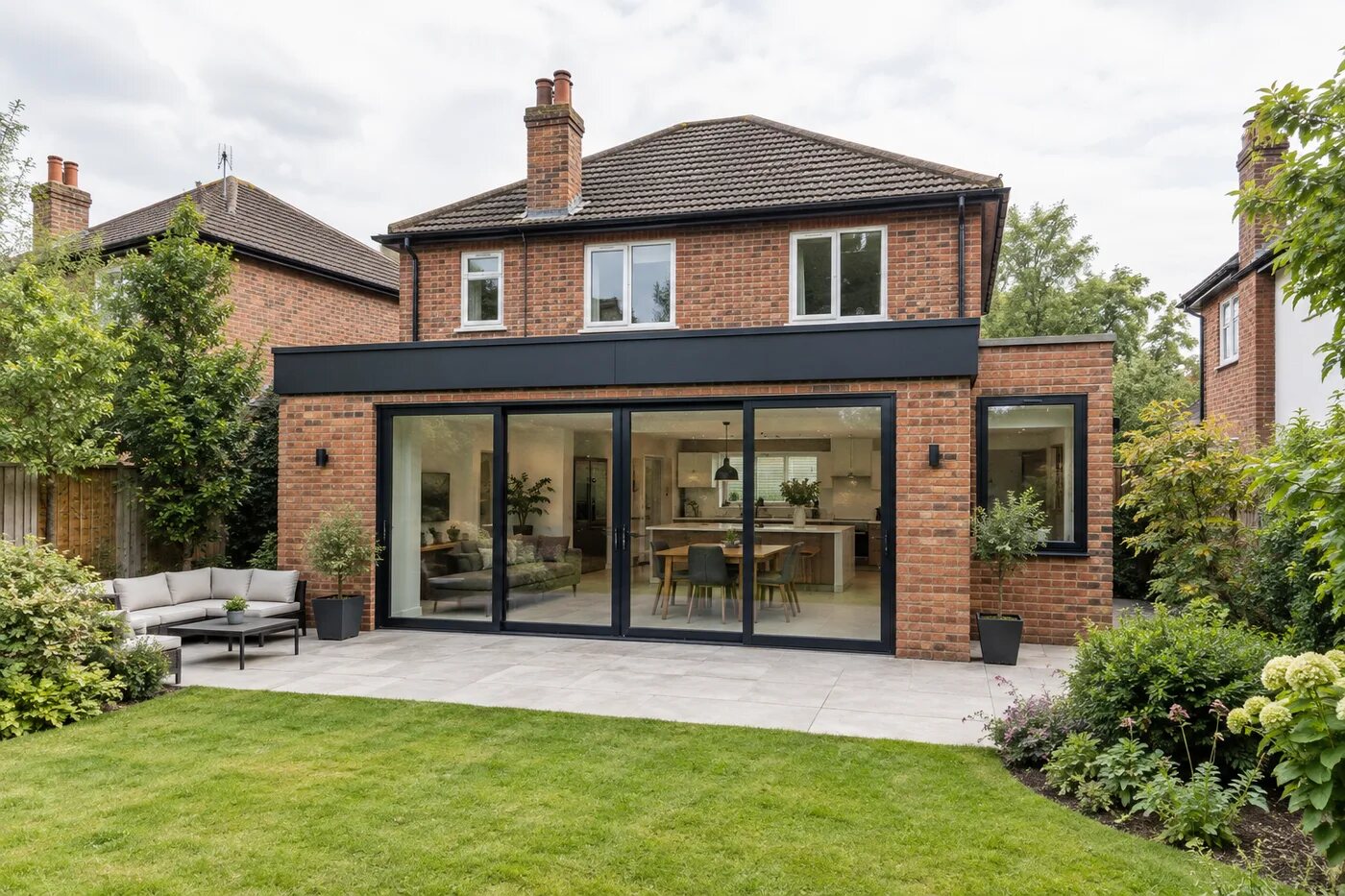 Modern flat-roof rear extension on a two-storey brick house