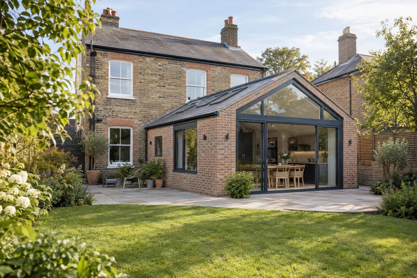 Pitched-roof kitchen extension viewed from a landscaped rear garden