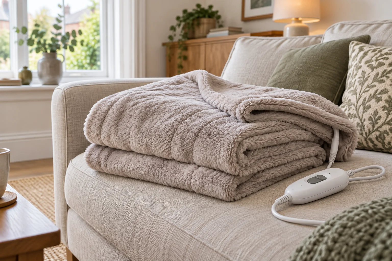 Folded heated throw and detachable controller on a sofa