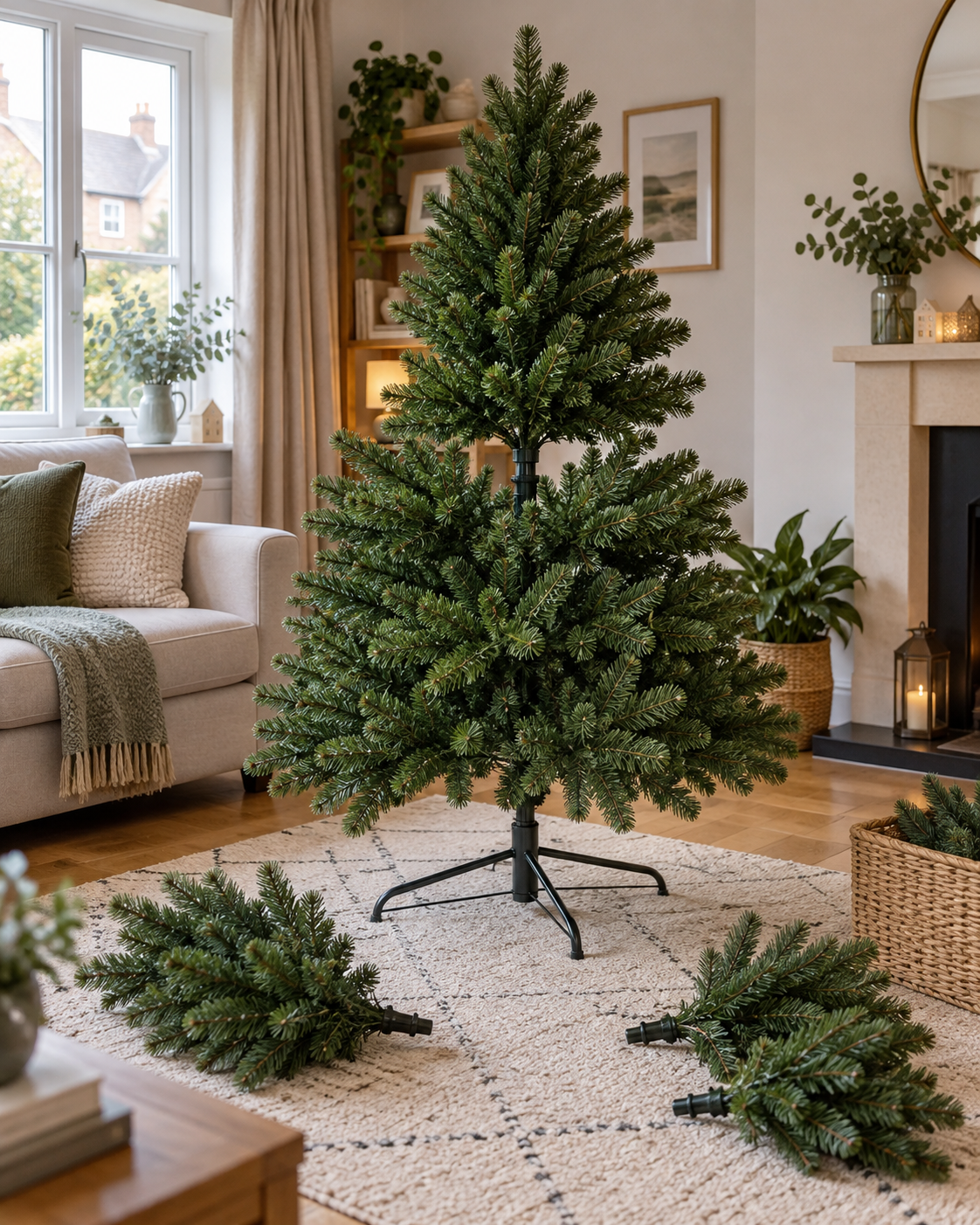 Partly assembled artificial Christmas tree with branches arranged in a living room