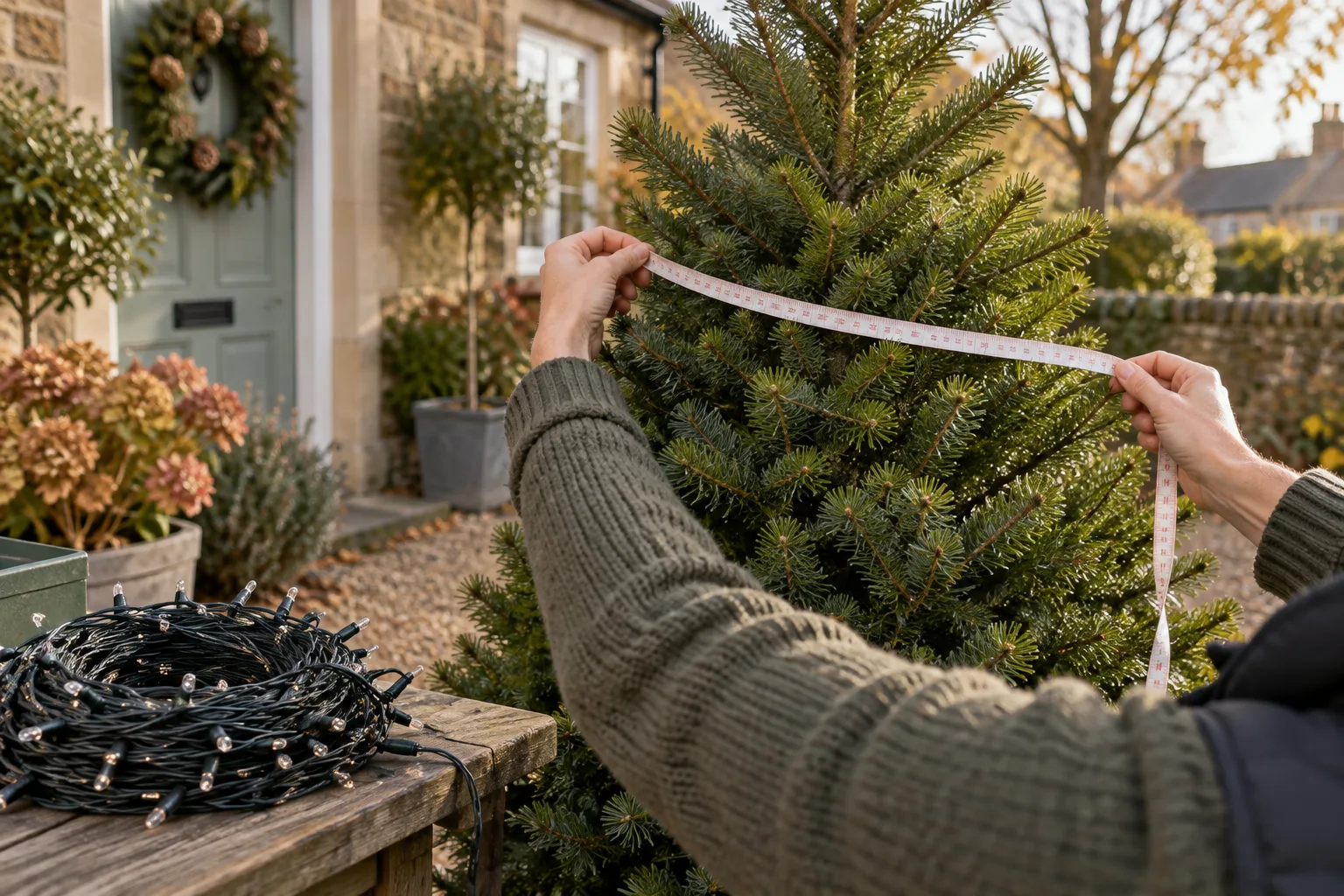 Measuring the width of a small outdoor tree before adding Christmas lights