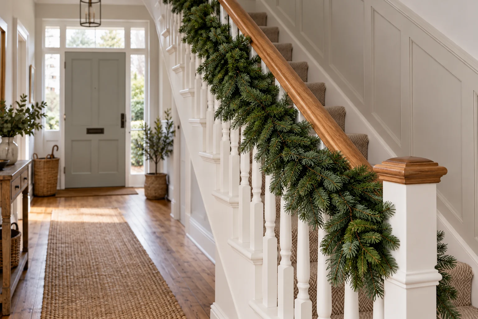 Illustrative unlit evergreen garland draped along a staircase banister