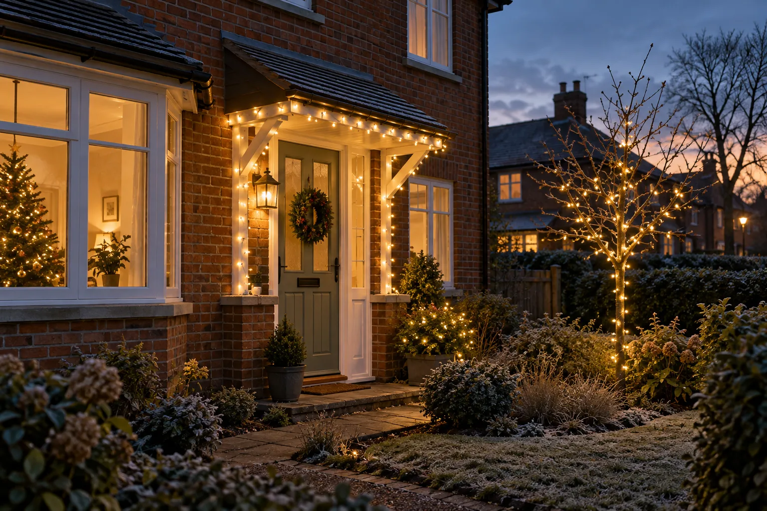 Warm-white outdoor Christmas lights on a British house and small garden tree at dusk
