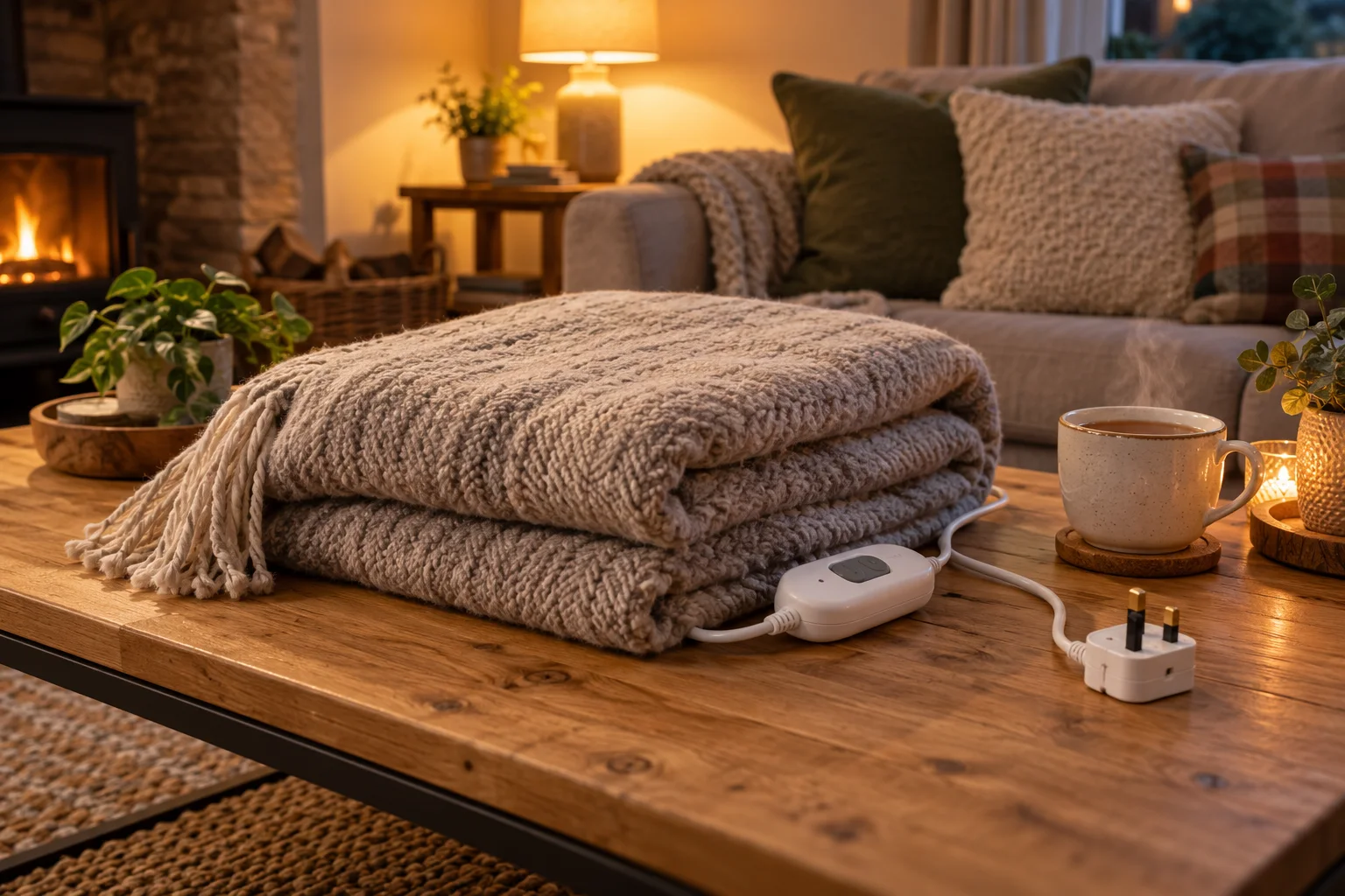 Folded cream heated throw beside a cup of tea and a plug in a sitting room