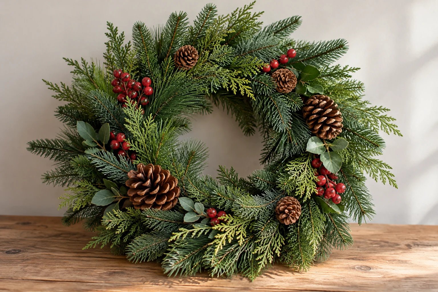 Illustrative close-up of mixed artificial evergreen foliage, pine cones and berries on a wreath