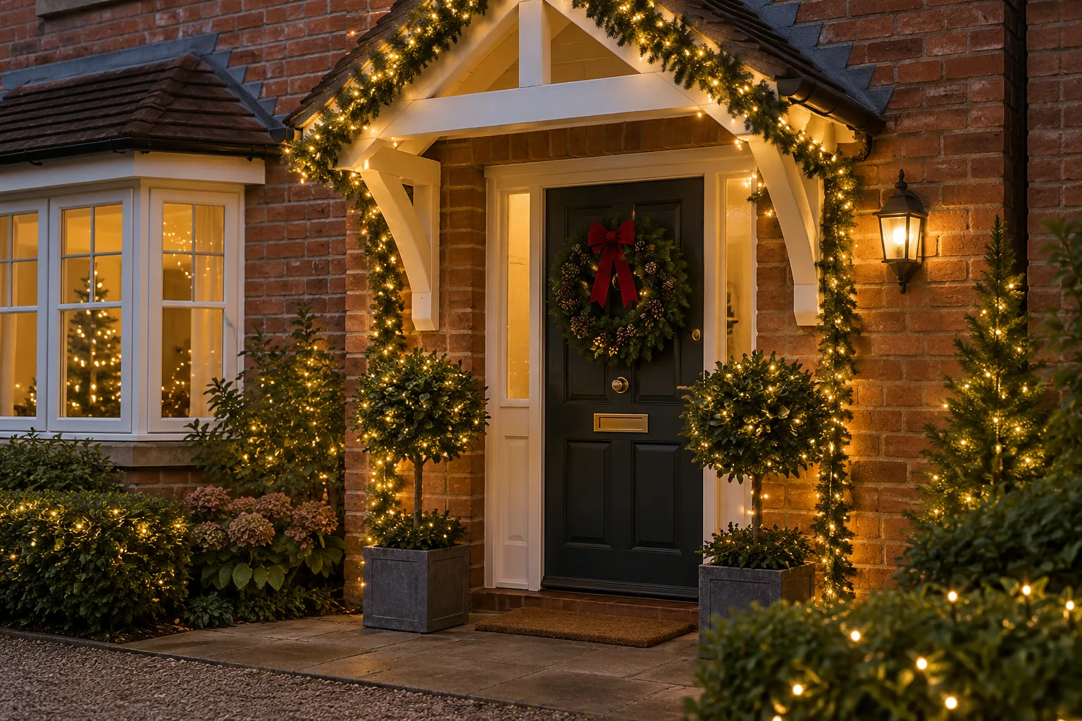 Outdoor Christmas lights around a British home entrance