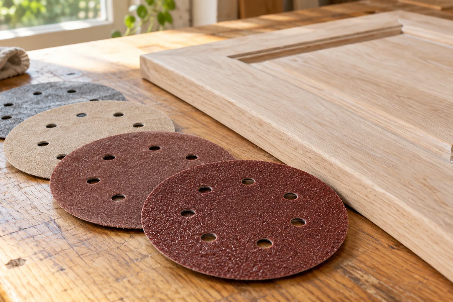 Illustrative sanding discs with different textures beside an unfinished wooden cabinet door