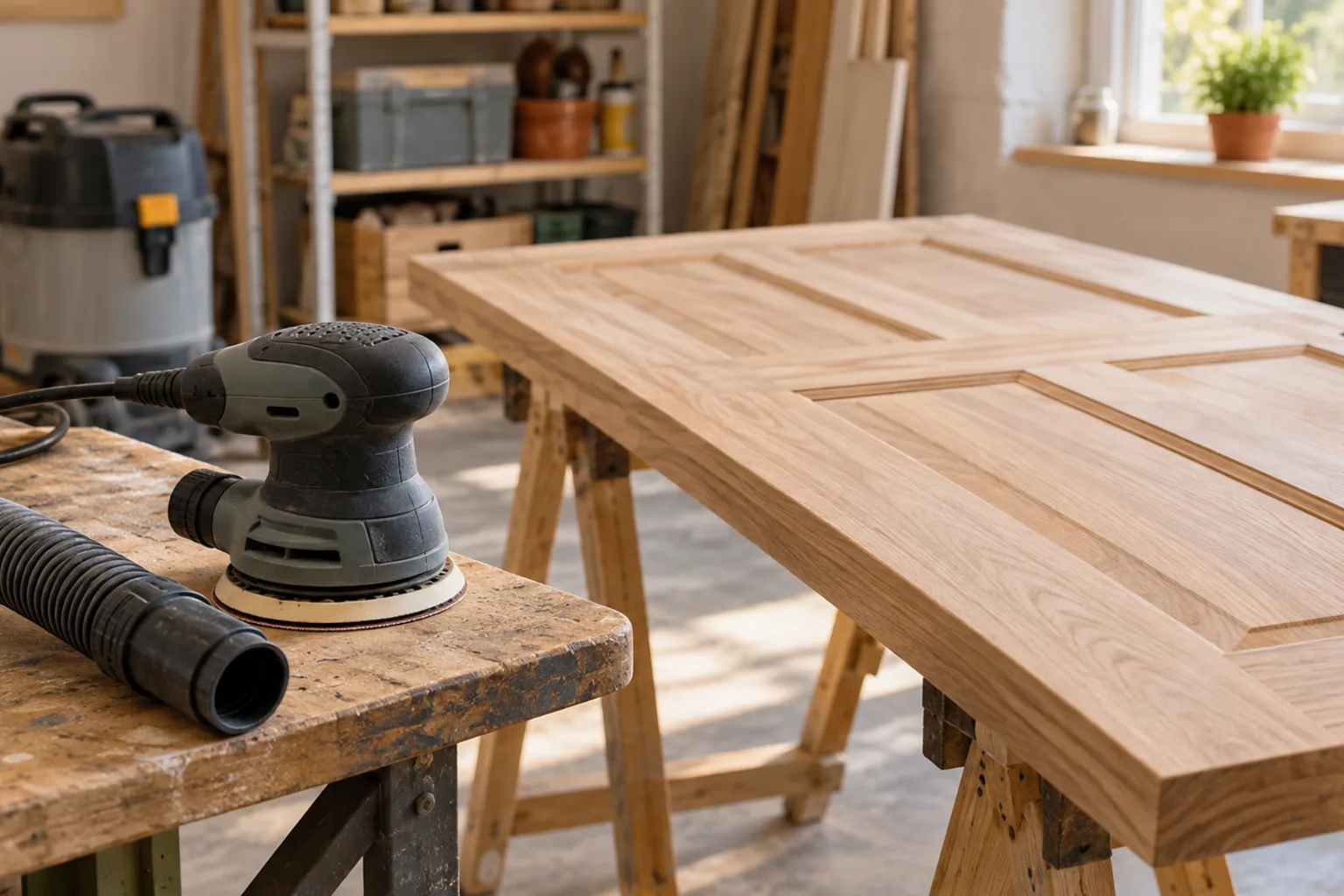 Illustrative round-pad sander, extraction hose and timber door on a workbench