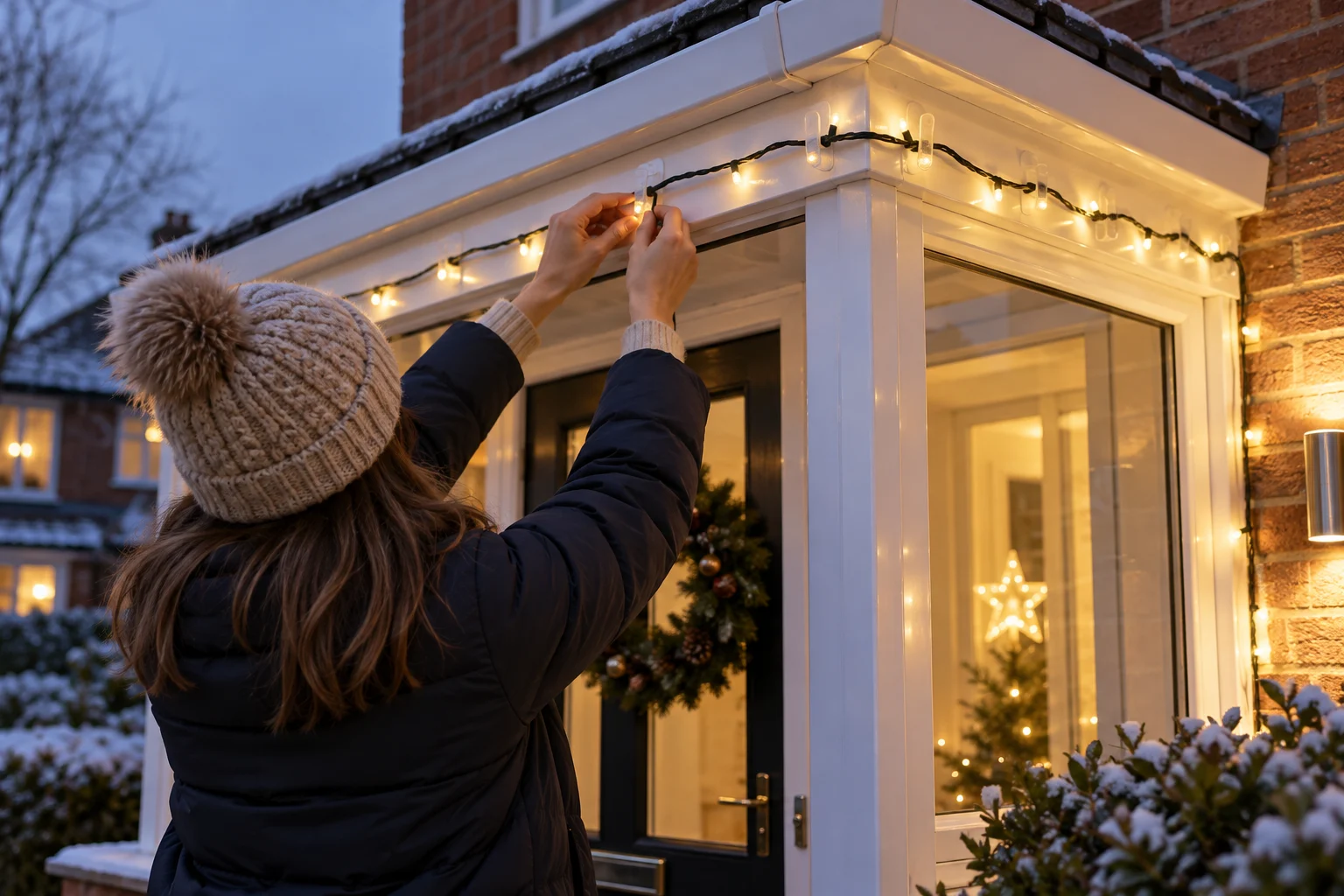 Removable clips holding outdoor Christmas lights on a smooth porch frame