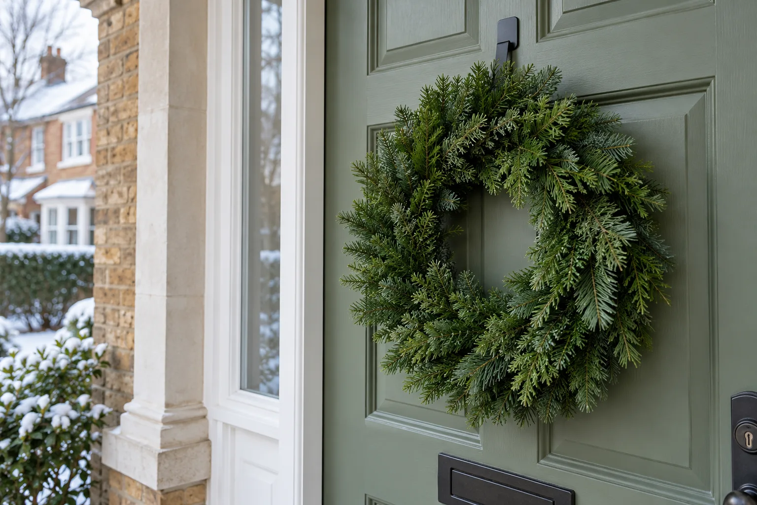 Illustrative unlit evergreen wreath on a suitable over-door hanger on a painted front door