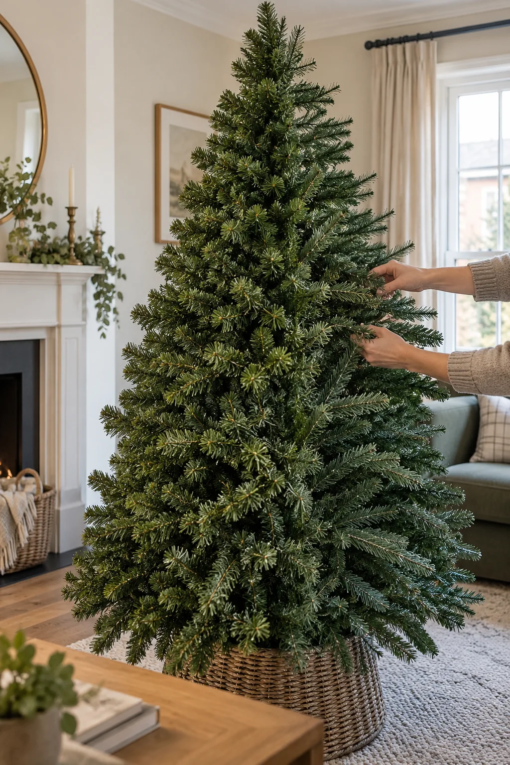 Hands shaping a green artificial Christmas tree in a warm living room