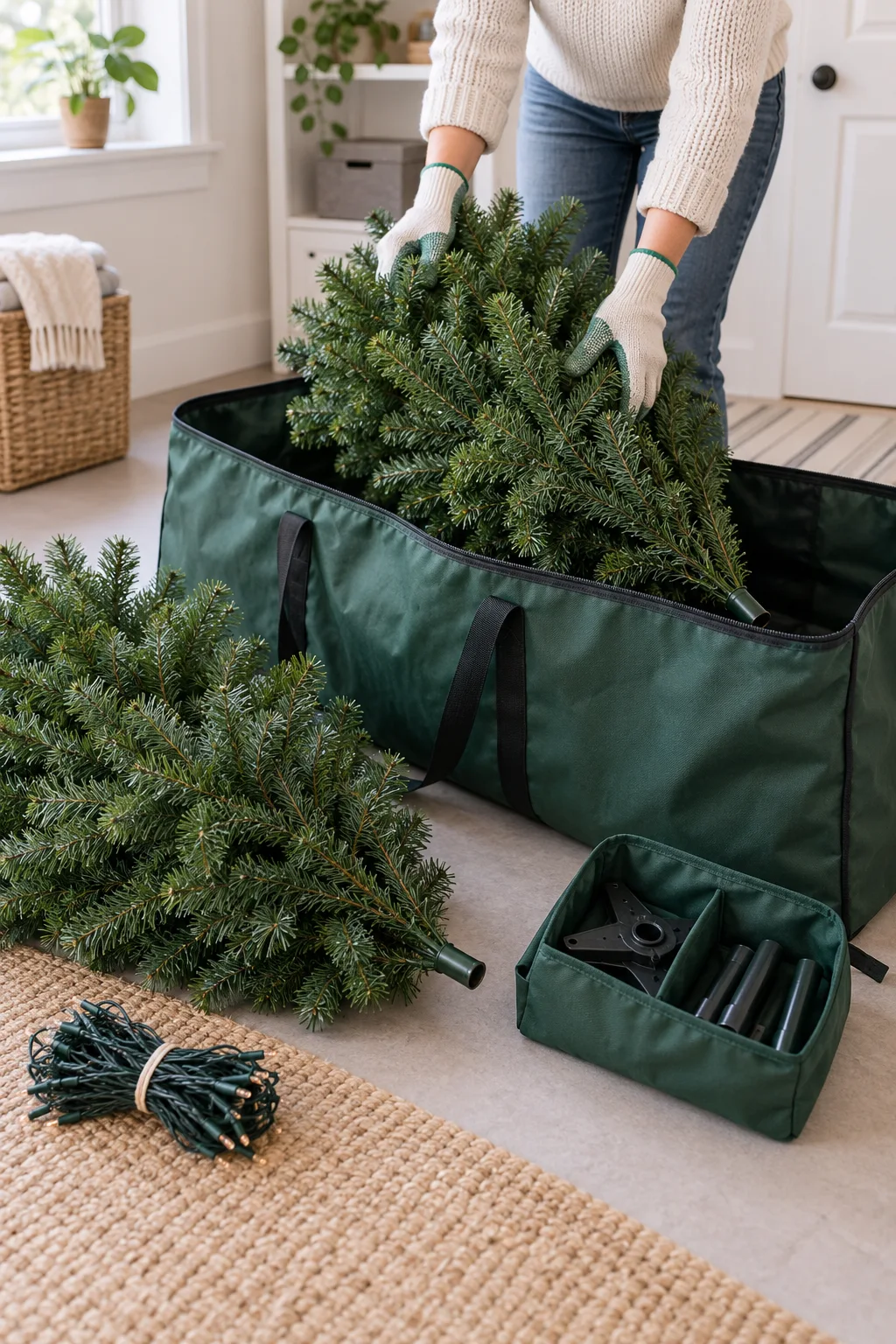 Artificial Christmas tree sections being carefully packed into a storage bag in a living room