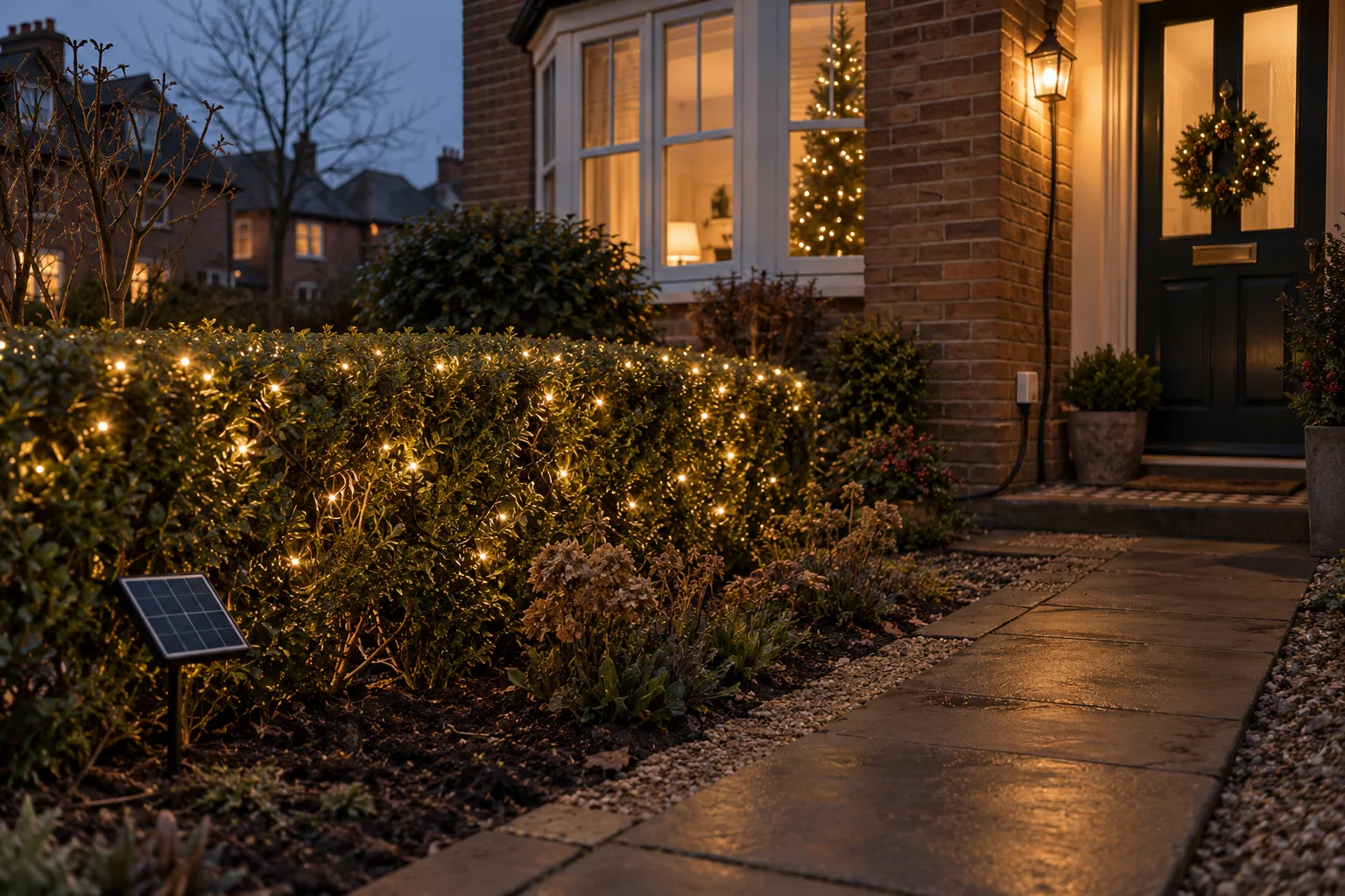 Christmas lights beside a hedge and British house at dusk