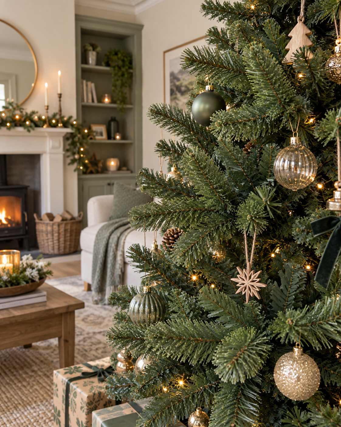 Close-up of realistic artificial Christmas tree foliage in a festive living room