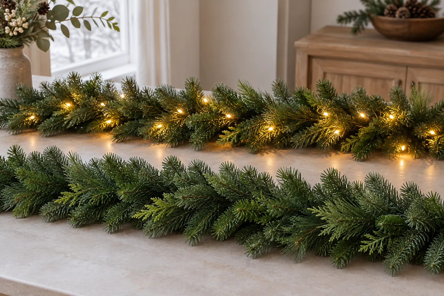 Illustrative pre-lit and unlit artificial evergreen garlands shown separately on a tabletop