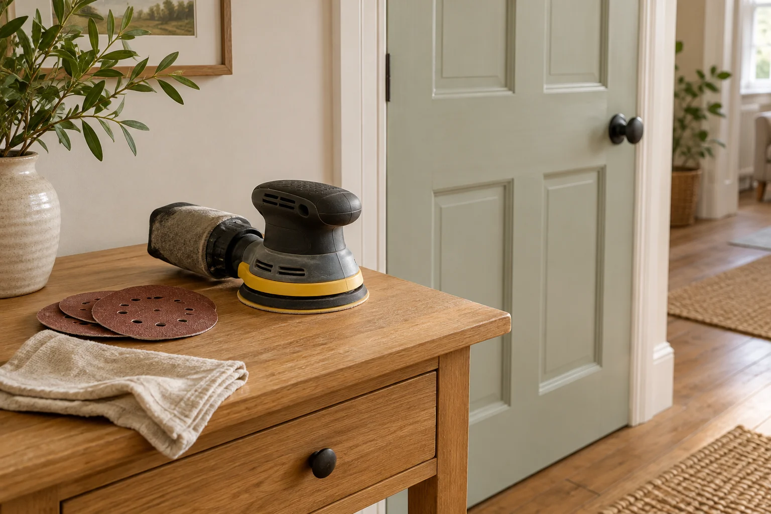 Unplugged round-pad sander and sanding discs beside a wooden table and painted door